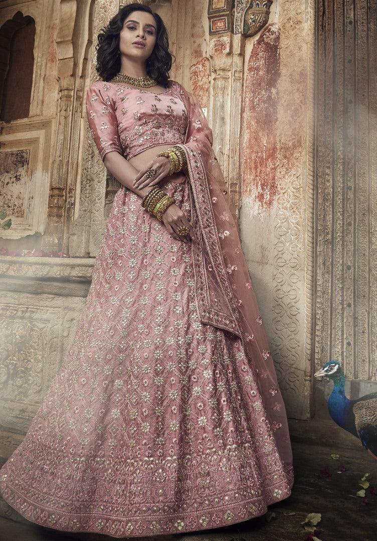 Dusty rose satin thread and zari work bridal lehenga choli
