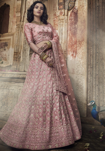 Dusty rose satin thread and zari work bridal lehenga choli