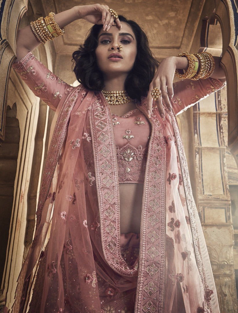 Dusty rose satin thread and zari work bridal lehenga choli