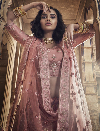 Dusty rose satin thread and zari work bridal lehenga choli