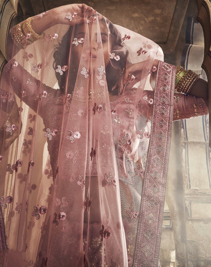 Dusty rose satin thread and zari work bridal lehenga choli