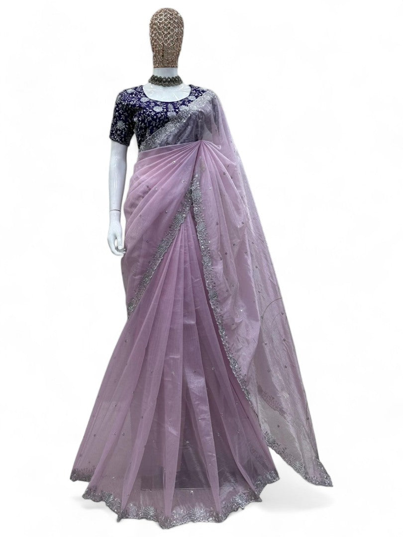 Dusty rose shiny stylish party wear saree