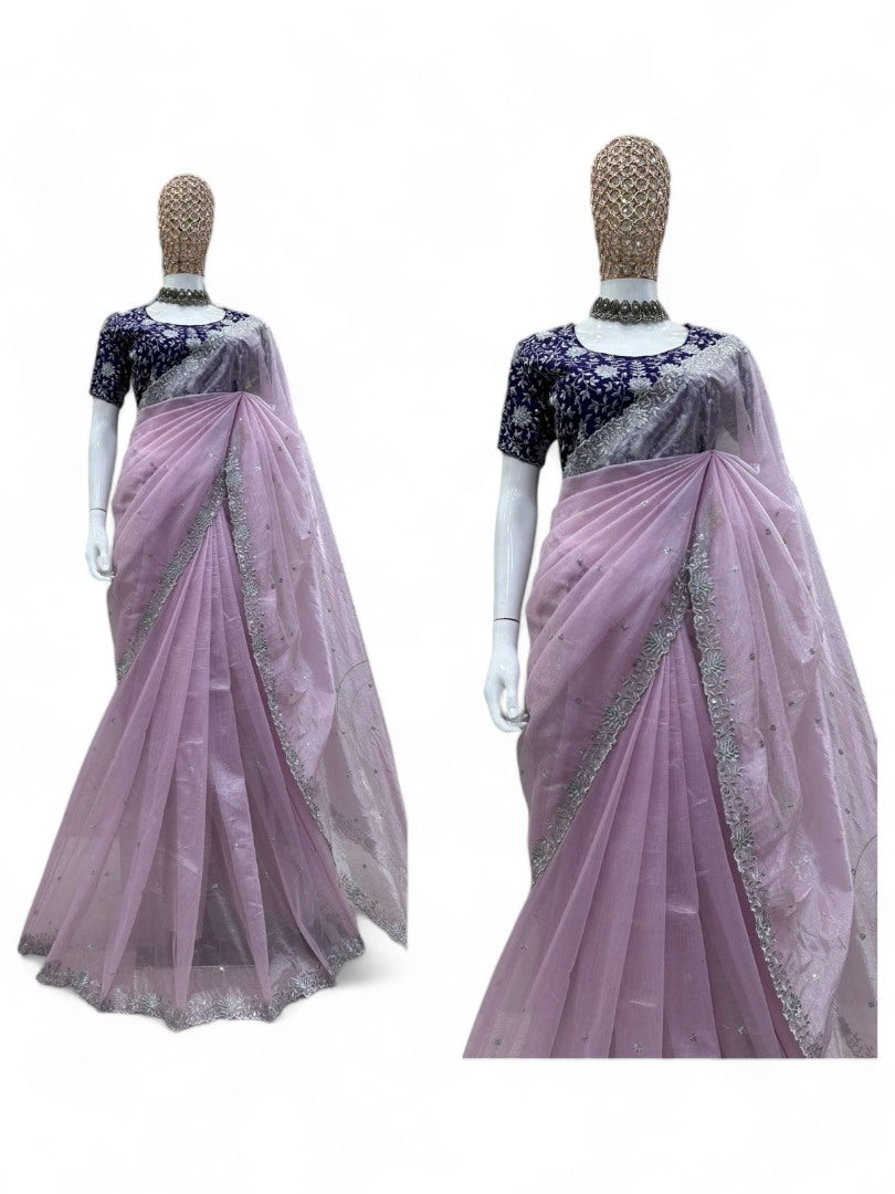 Dusty rose shiny stylish party wear saree