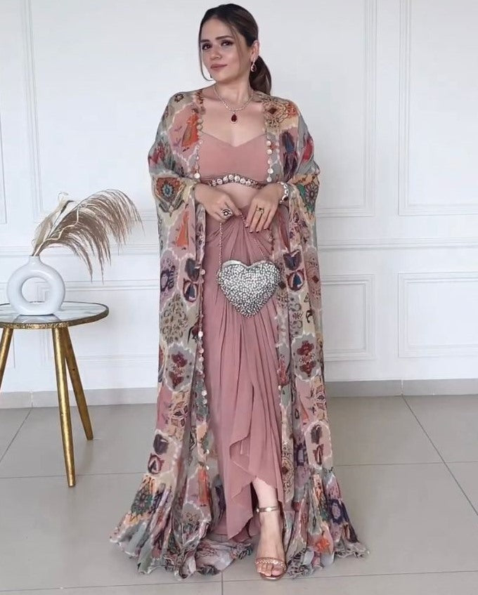 Dusty rose silk indowestern dhoti suit with printed shrug
