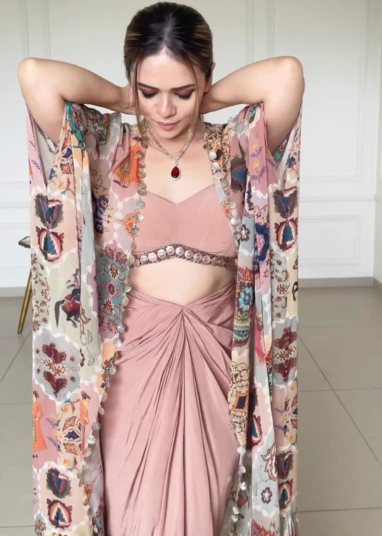 Dusty rose silk indowestern dhoti suit with printed shrug