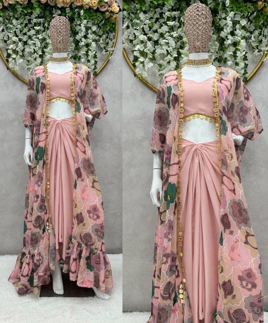 Dusty rose silk indowestern dhoti suit with printed shrug