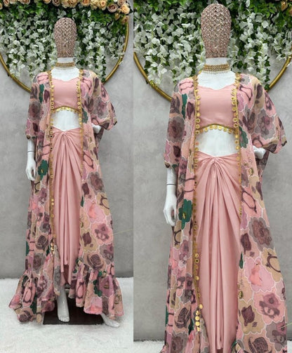 Dusty rose silk indowestern dhoti suit with printed shrug