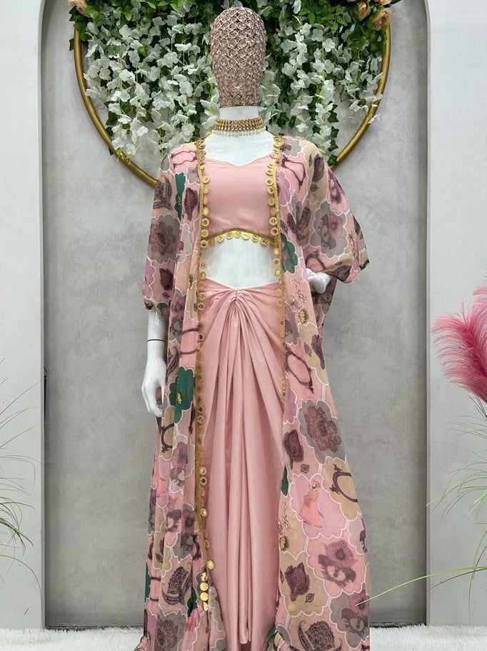 Dusty rose silk indowestern dhoti suit with printed shrug