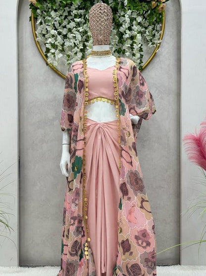Dusty rose silk indowestern dhoti suit with printed shrug