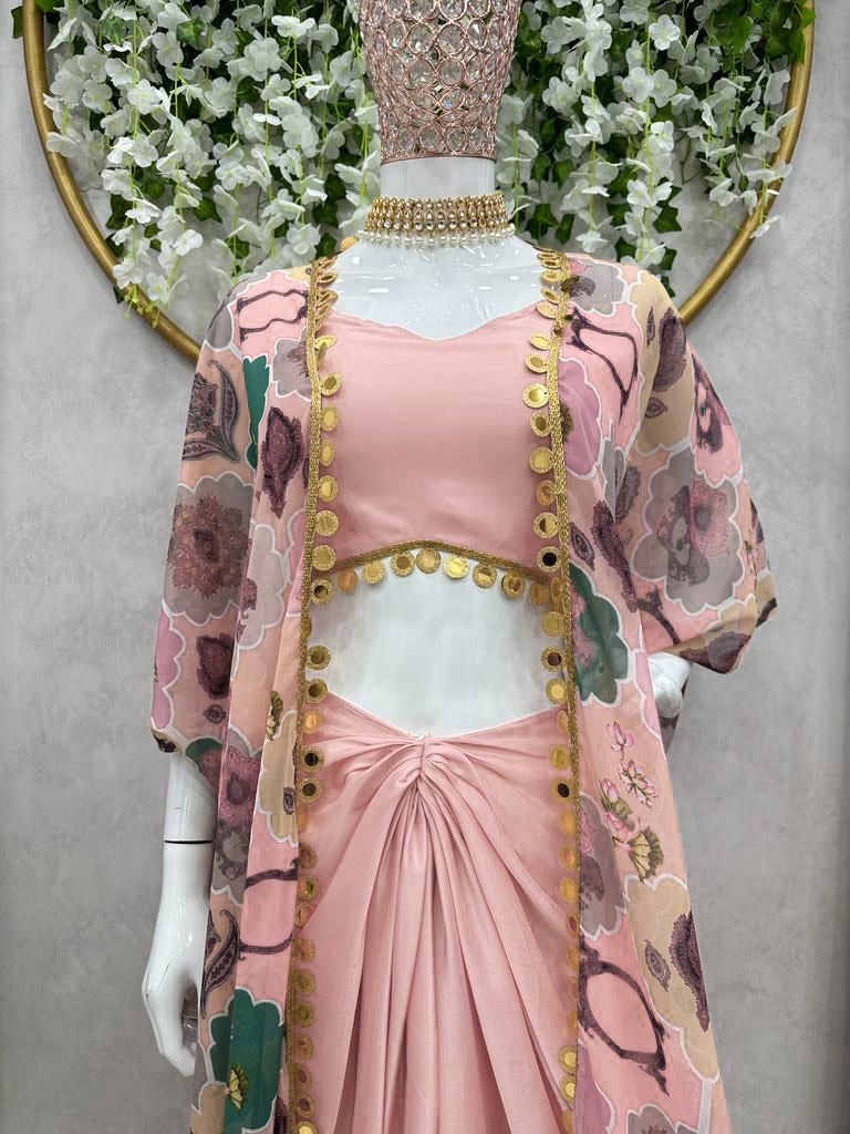 Dusty rose silk indowestern dhoti suit with printed shrug