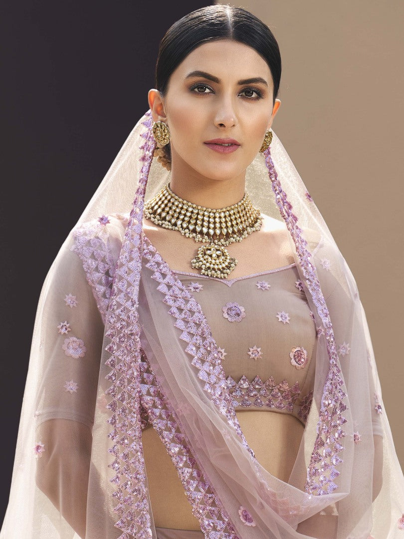 Dusty rose soft net sequence thread work bridal lehenga choli