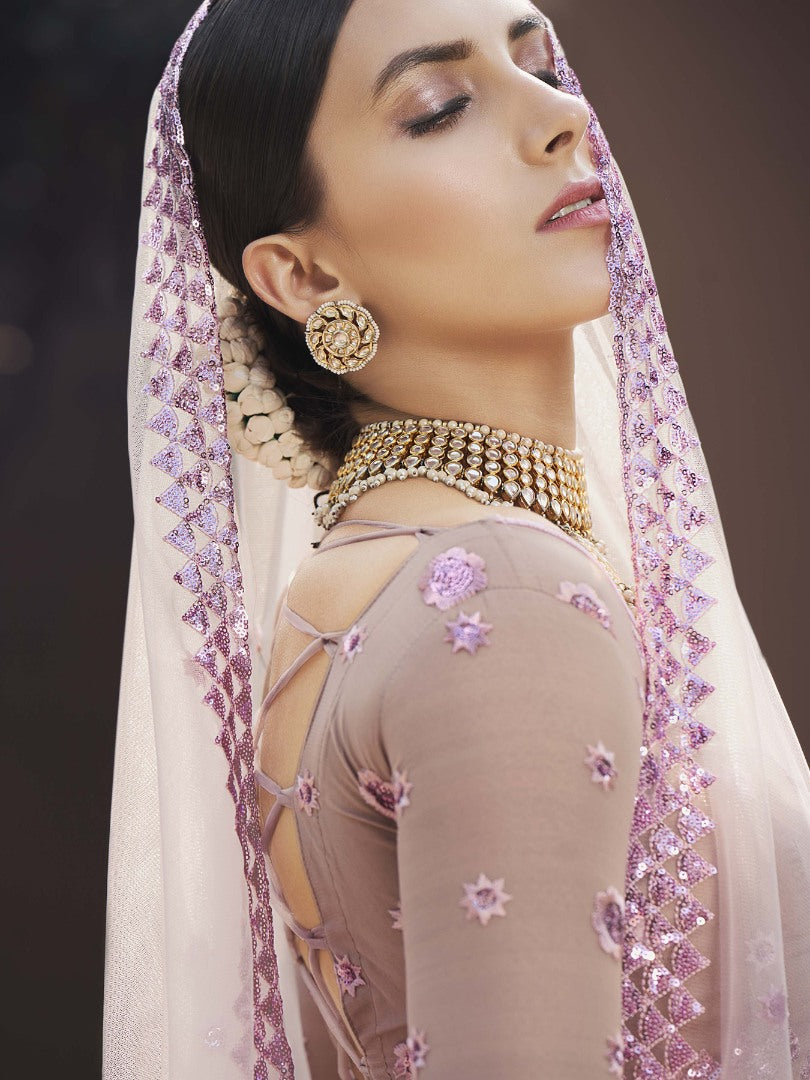 Dusty rose soft net sequence thread work bridal lehenga choli