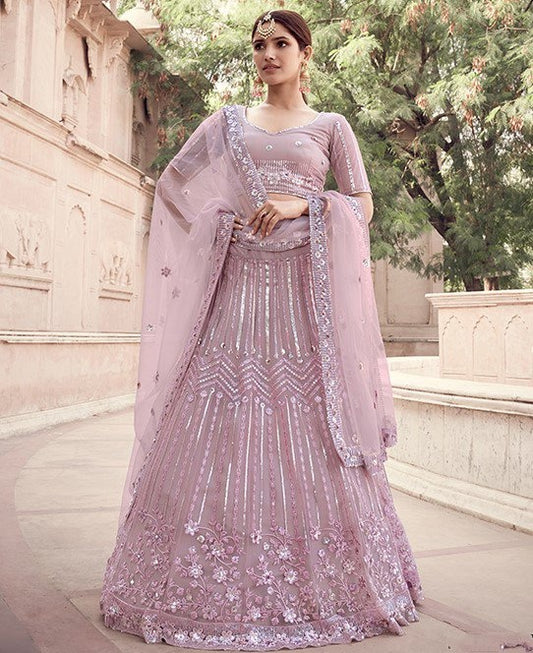 Dusty rose soft net sequence work bridal lehenga choli