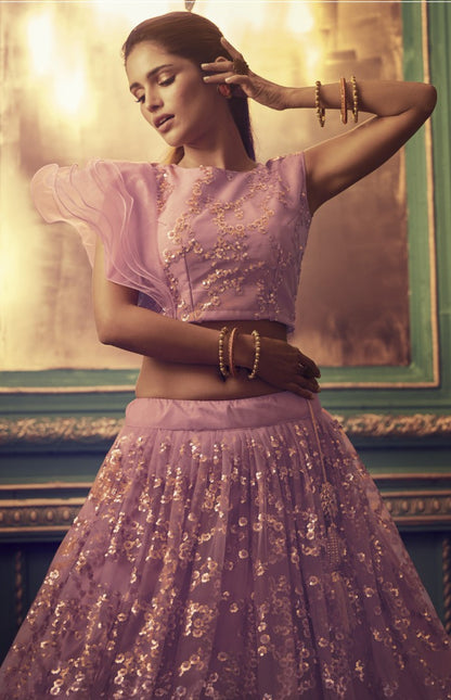 Dusty rose soft net sequence work bridal lehenga choli