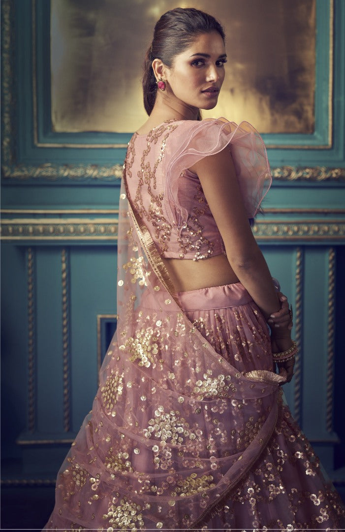 Dusty rose soft net sequence work bridal lehenga choli