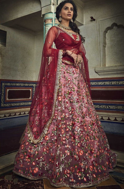 Dusty rose soft net zari and thread work bridal lehenga choli