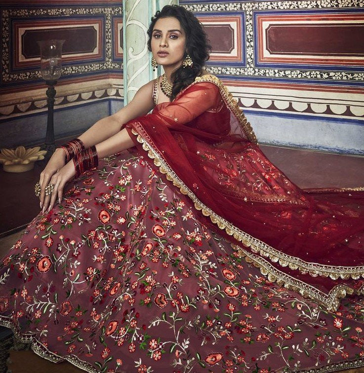 Dusty rose soft net zari and thread work bridal lehenga choli