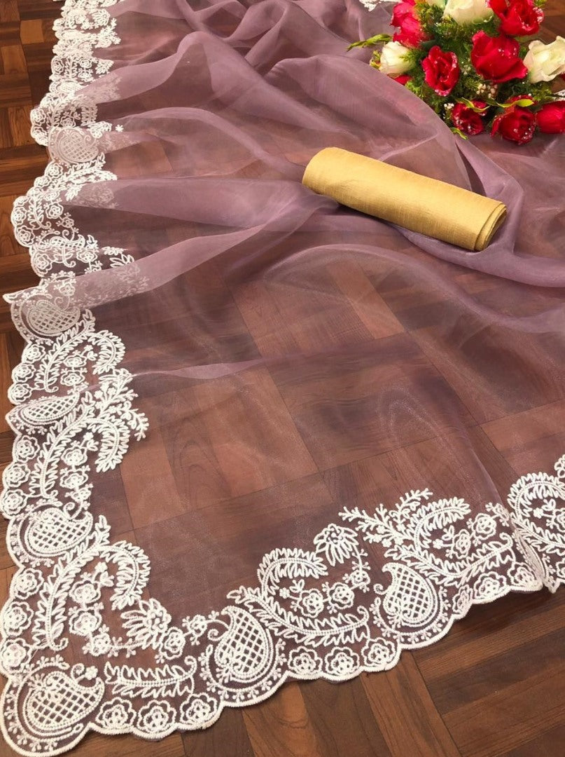 Dusty rose soft pure organza embroidered work party wear saree
