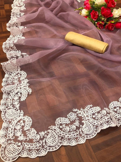 Dusty rose soft pure organza embroidered work party wear saree