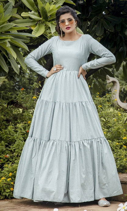 Dusty sky silk blend foil printed anarkali gown