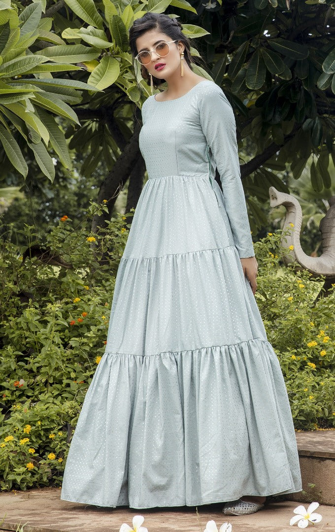 Dusty sky silk blend foil printed anarkali gown