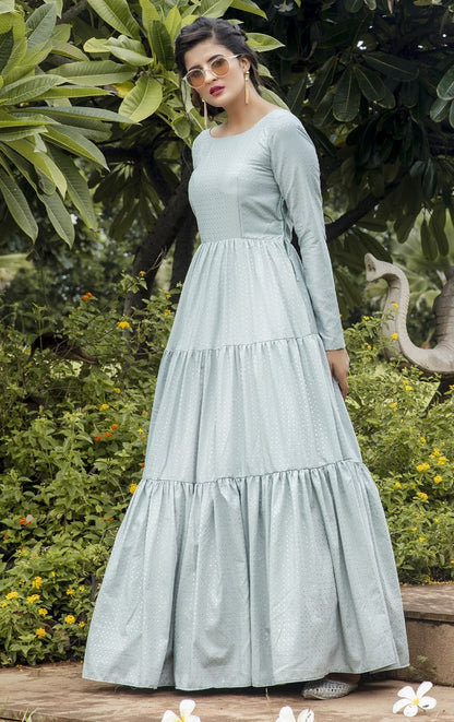 Dusty sky silk blend foil printed anarkali gown