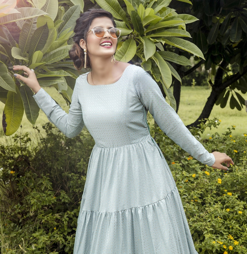 Dusty sky silk blend foil printed anarkali gown