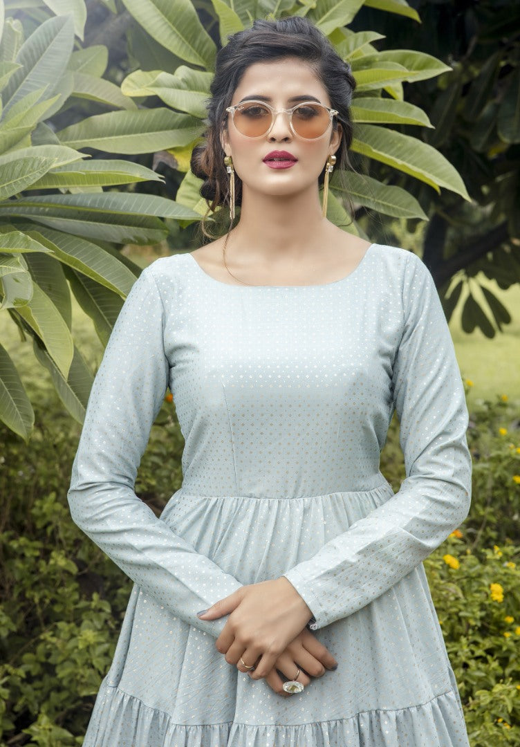 Dusty sky silk blend foil printed anarkali gown