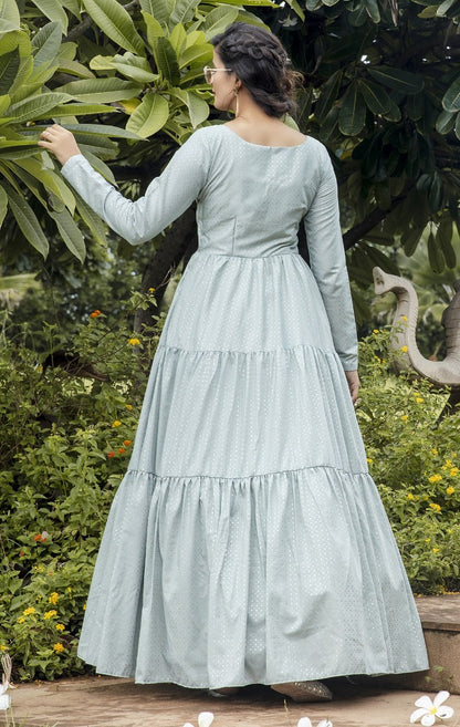 Dusty sky silk blend foil printed anarkali gown
