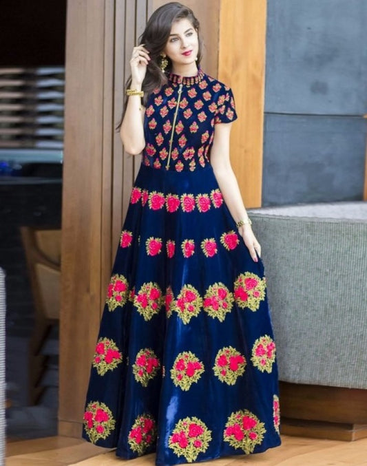 Embroidered banglori silk blue gown