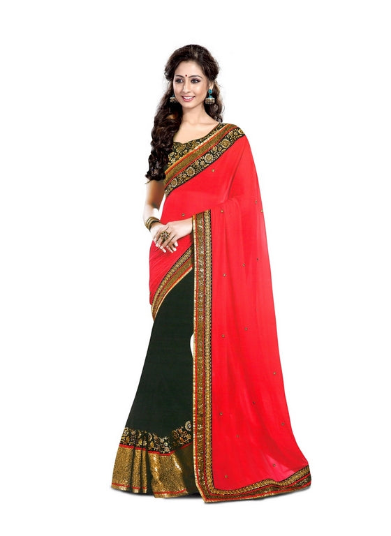 fabulous red and black half half wedding saree