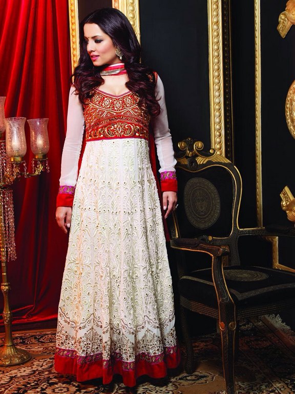 female fashion gorgeous look white embroidered anarkali suit