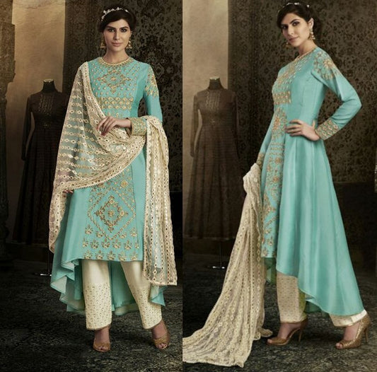 Firozi Colored Silk Embroidered Semi Stitched Salwar Suit