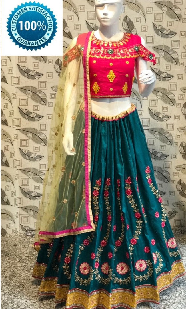 Firozi phantom silk designer embroidered navratri festival lehenga