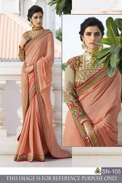 Georgette silk embroidered peach wedding saree
