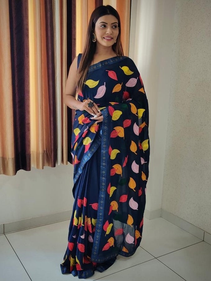 Georgette thread and siroski work saree