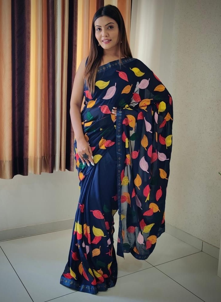 Georgette thread and siroski work saree