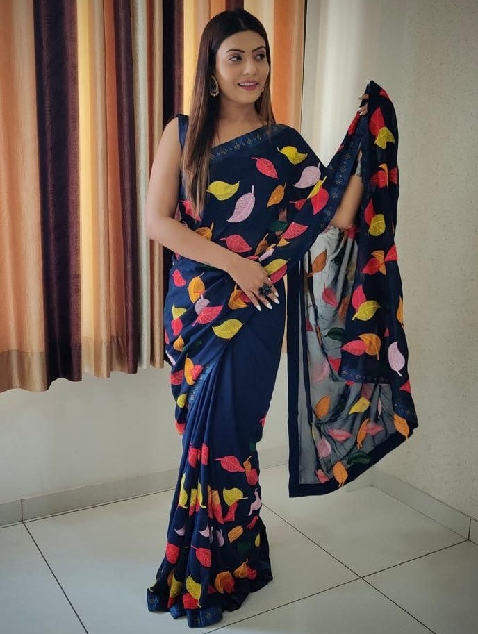 Georgette thread and siroski work saree