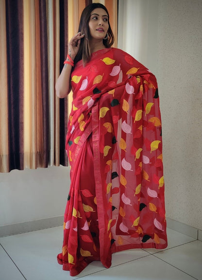 Georgette thread and siroski work saree