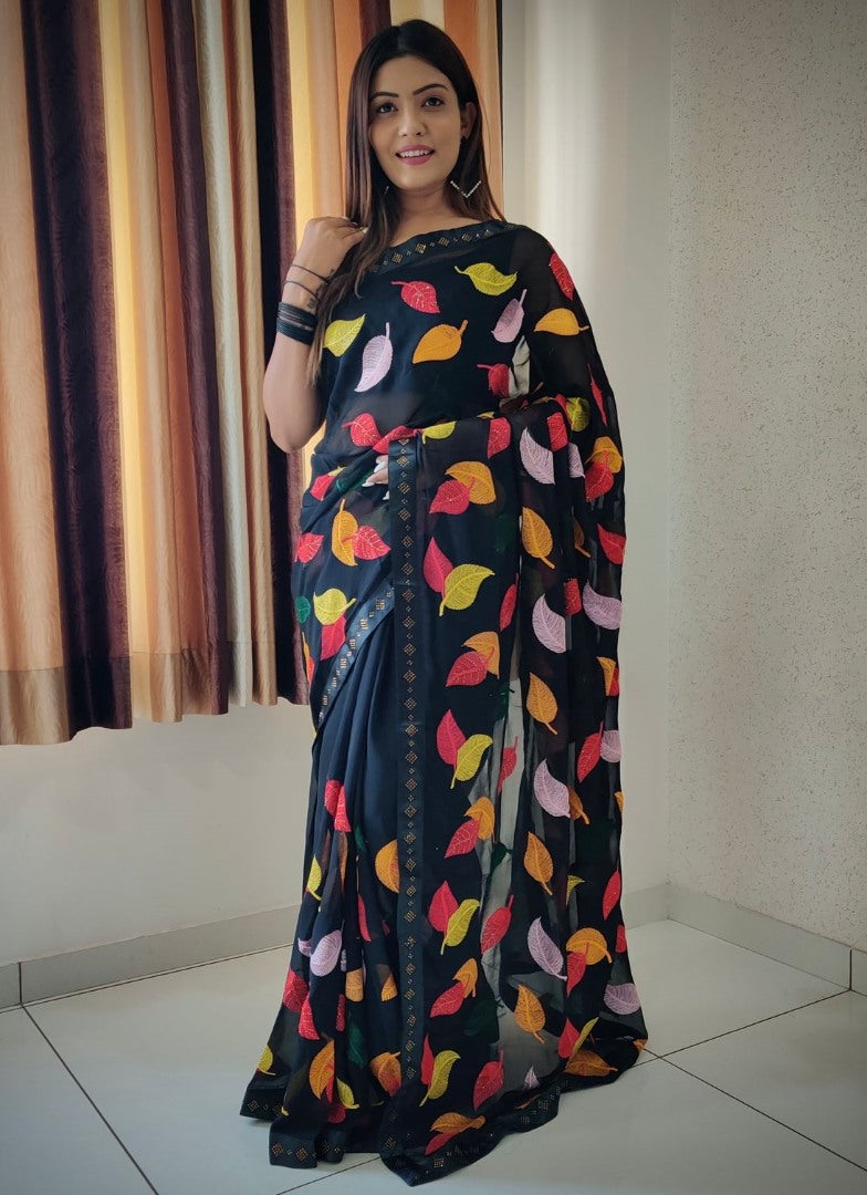 Georgette thread and siroski work saree