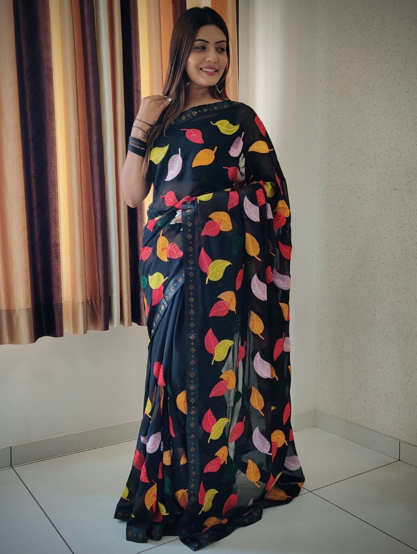 Georgette thread and siroski work saree