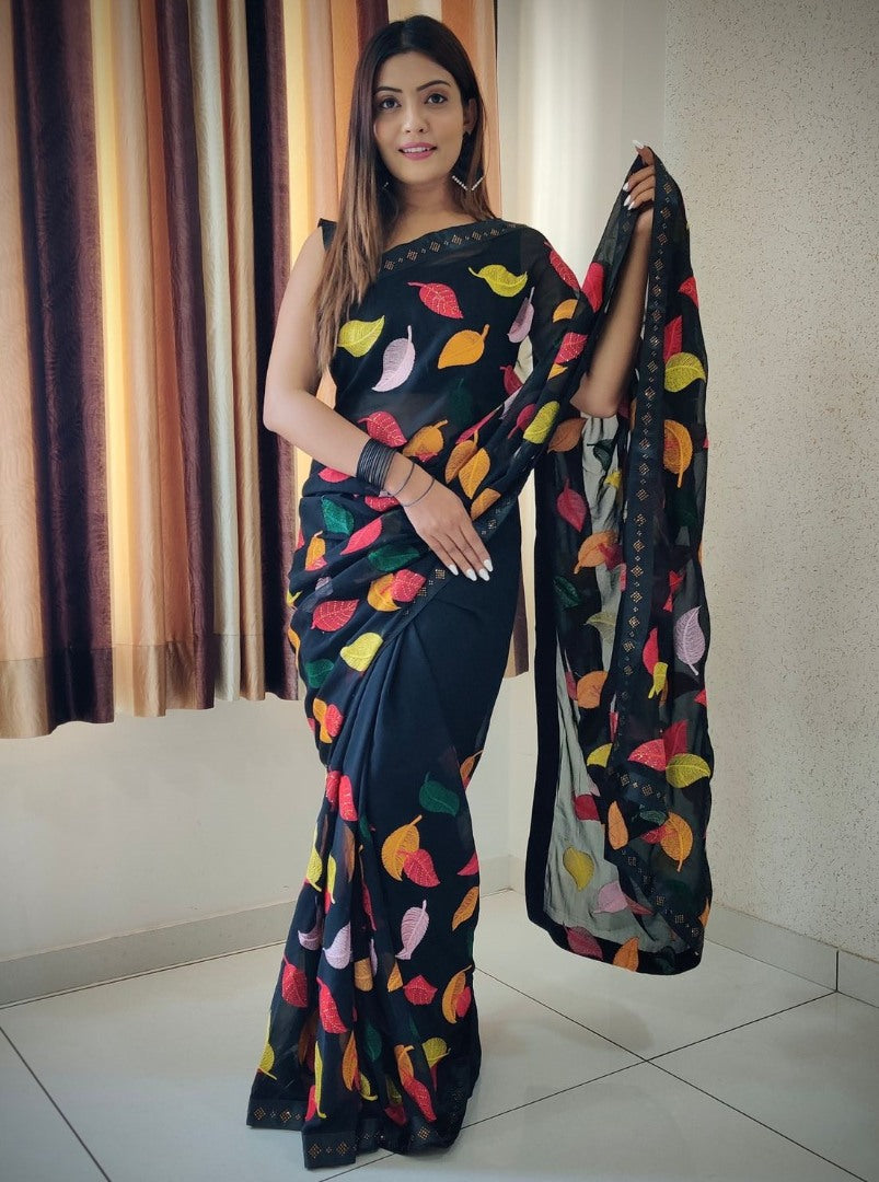 Georgette thread and siroski work saree