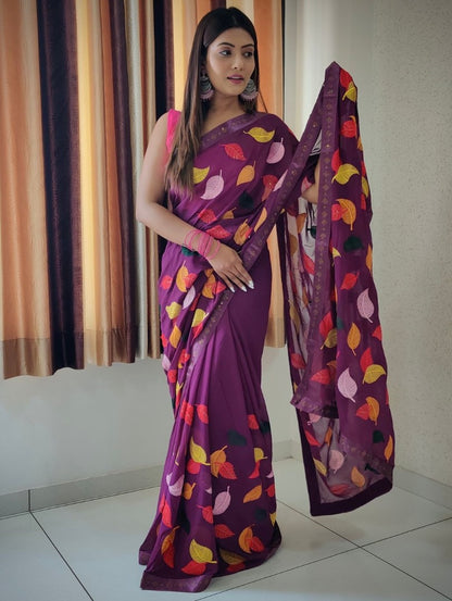 Georgette thread and siroski work saree