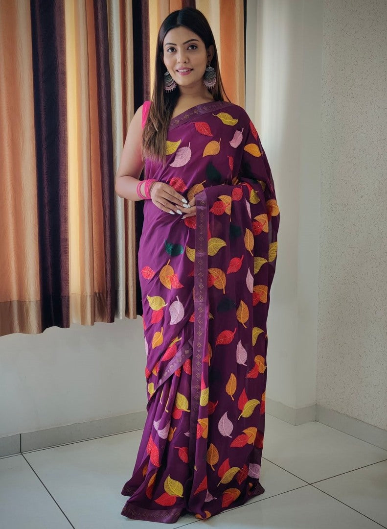 Georgette thread and siroski work saree