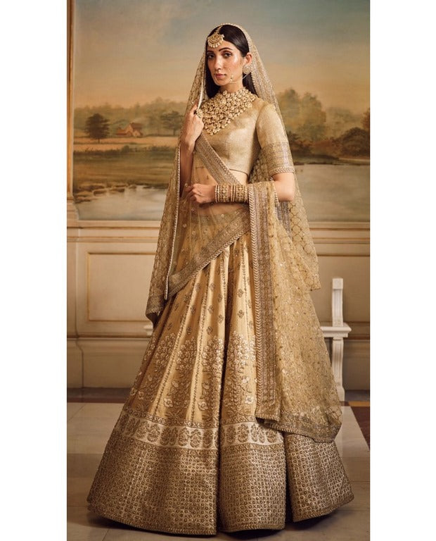 Gold Art silk heavy embroidered bridal lehenga