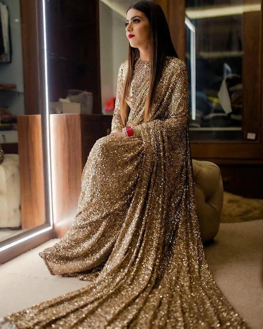 Gold georgette heavy sequence work designer saree