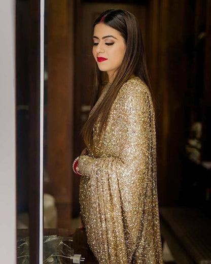 Gold georgette heavy sequence work designer saree