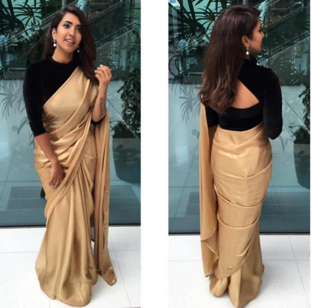 Gold georgette zari silk stylist plain partywear saree