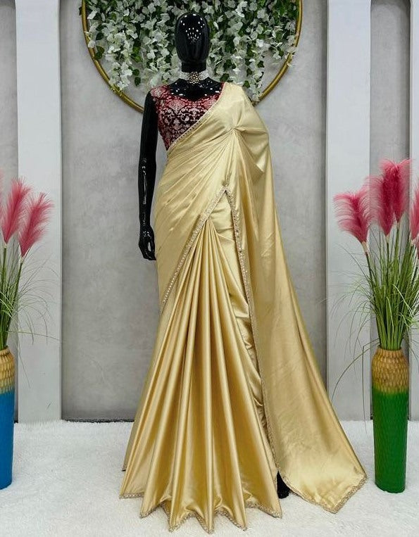 Gold japan satin plain party wear saree