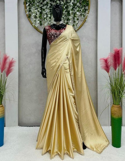 Gold japan satin plain party wear saree